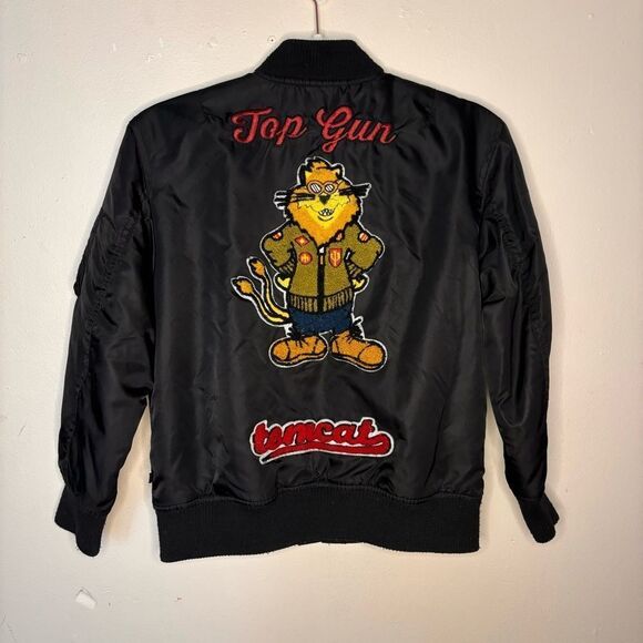 Top Gun Tomcat Black Bomber Jacket Chenille Patches Pockets Kids Sz 10 - Picture 4 of 6